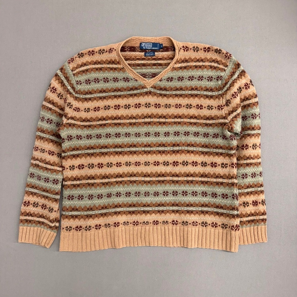 Polo Ralph Lauren Hand Knit Fair Isle V-Neck Sweater Linen Cotton Mens Large Tan